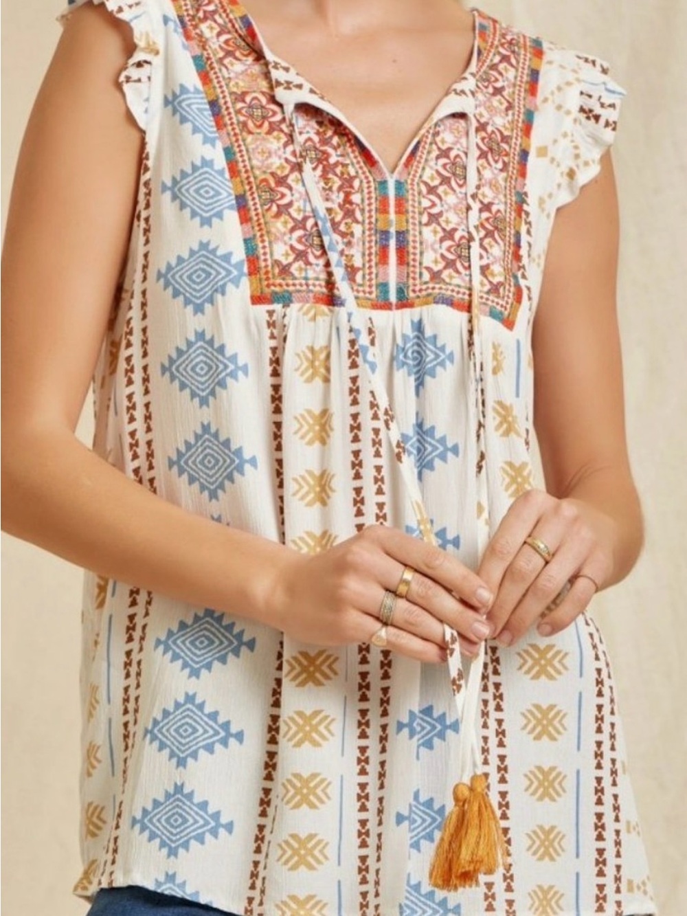 Savanna Jane Embroidered Tassel Sleeveless Blouse in White, Blue & Brown